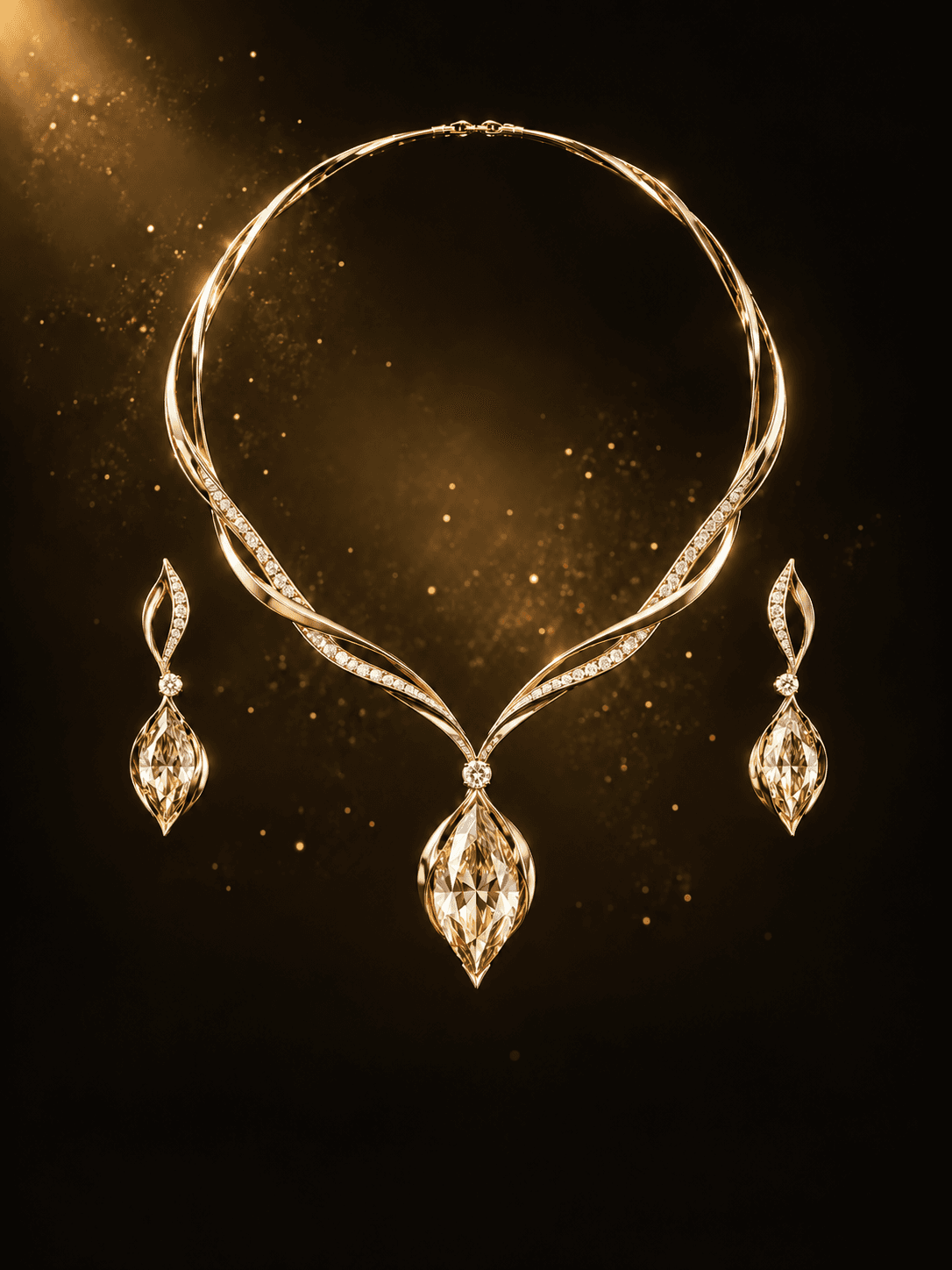 A gold and diamond necklace with matching earrings, floating in golden light