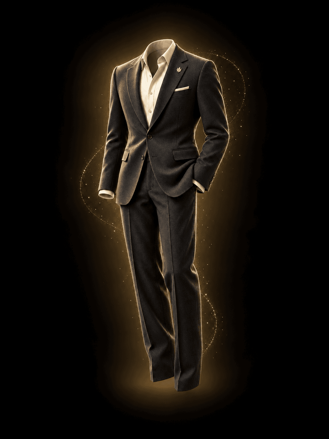 A tailored dark suit with an open-collar shirt, wrapped in gold light