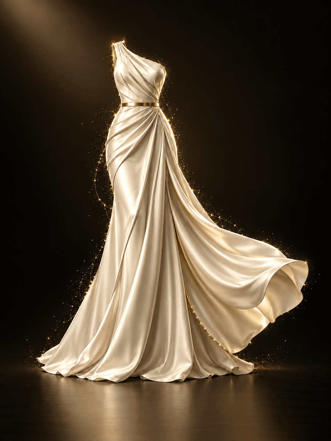 An ivory silk gown with a gold belt, its train flowing in golden light